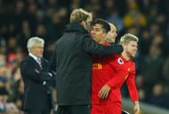 LIVERPOOL, ENGLAND - DECEMBER 27:  Roberto Firmino of Liverpool is embraced by Jurgen Klopp manager of Liverpool as he is substituted during the Premier League match between Liverpool and Stoke City at Anfield on December 27, 2016 in Liverpool, England.  (Photo by Alex Livesey/Getty Images)